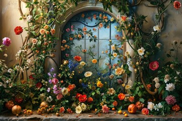 Fototapeta na wymiar beautiful and enchanting scene of a stone window surrounded by an abundance of colorful flowers and greenery