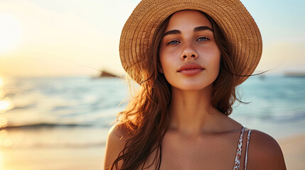 A lovely brunette woman in a swimsuit and straw hat walking by the seaside in summer morning