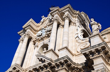 Astonishing architectural icon of Siracuse, Sicily. Ancient Cathedral of Syracuse (Duomo di Siracusa). Catholic church, originally a Greek temple. UNESCO World Heritage Site