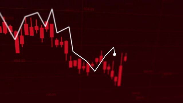 Financial market in decline, illustrated through red-hued graphs depicting falling prices. Visualization of a rapid decrease in asset values, economic downturns, stock market crashes, financial losses
