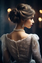 Elegant woman, viewed from behind, dons a timeless antique dress and intricate jewelry, creating a captivating scene for a book cover with a touch of historical allure. - obrazy, fototapety, plakaty
