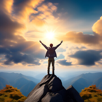 Embody triumph with a victorious man celebrating on a mountain summit. A powerful image of accomplishment and joy, perfect for conveying success and resilience. #Success #Triumph #Victory