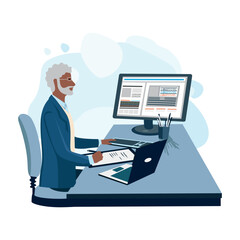 An elderly business man works at a laptop. An elderly man is using a laptop for business, training, education or video call. Vector illustration in flat style.
