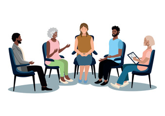 Men and women of different nationalities and ages sit in group therapy with a psychologist. Vector illustration in flat style on a white background.