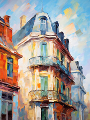 Abstract architectural composition. Oil painting in impressionism style.