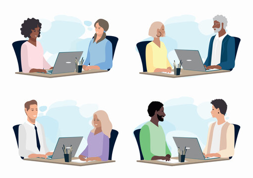 Interview. Friendly employer and job seeker. Men and women of different ages and nationalities at an interview in the office. Set of business vector illustration in flat style.