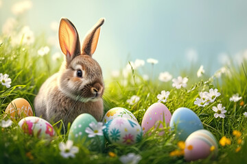 Easter holiday celebration banner greeting card Painted easter eggs and easter bunny rabbit on green fresh meadow with grasses and spring flowers. created with Generative AI