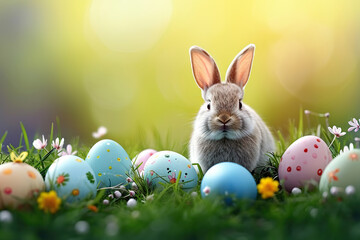 Easter holiday celebration banner greeting card Painted easter eggs and easter bunny rabbit on green fresh meadow with grasses and spring flowers. created with Generative AI
