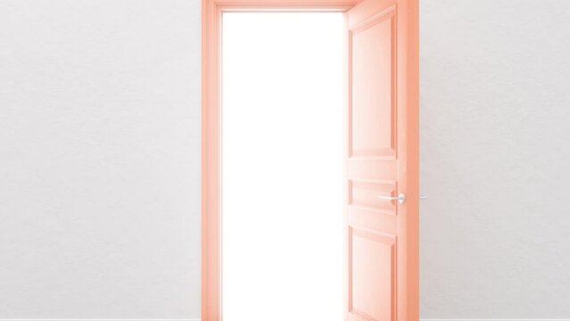 Orange door in a bright room. The door opens filling with bright light. Door to the universe. Room with white textured floor. Entrance or exit, way out concept. Forward movement. 3D animation, 4K