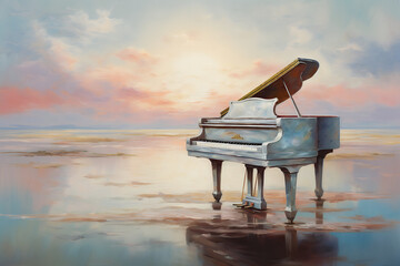 Celestial piano. Oil painting in impressionism style. - obrazy, fototapety, plakaty