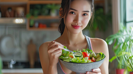 Portrait of Asian attractive woman hold salad bowl and look at camera. Beautiful sport girl in sportswear enjoy eat clean vegetables after exercise for health in house. Diet and Healthy food concept.