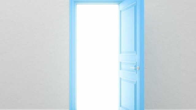 Blue door in a bright room. The door opens filling with bright light. Door to the universe. Room with white textured floor. Entrance or exit, way out concept. Forward movement. 3D animation, 4K