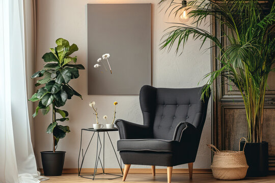 Black armchair between dandelion and plant in living room interior with copy space and grey painting.