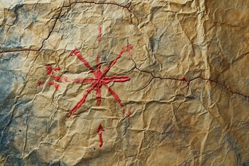 depicts an old and worn treasure map prominent red X