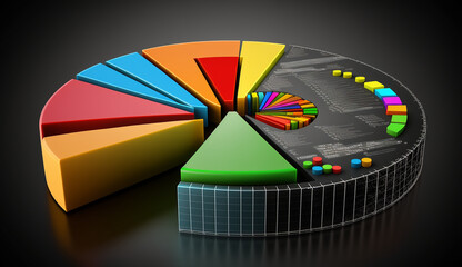 3d rendering of pie chart in black background with colorful rainbow bars, 3d rendering of pie chart in Black background with business charts and graphs, Ai generated image