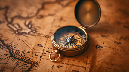 Fototapeta na wymiar Old compass on vintage map, retro style, making a decision, choosing a direction. Suitable for travel and adventure-related designs.