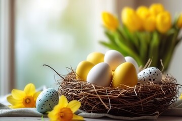 A Symphony of Spring Easter Holiday Celebration Banner Greeting Card with Easter Eggs in a Bird Nest Basket and Yellow Flowers Adorning a Table. created with Generative AI