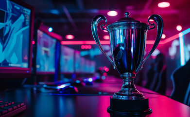 Esports winner trophy standing on the stage in the middle of the arena of the computer video game championship.