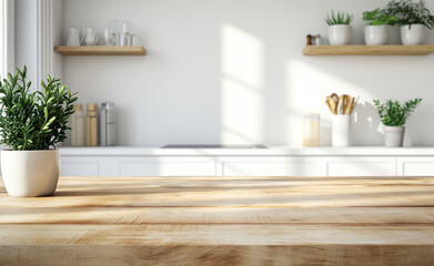 Fototapeta na wymiar Wooden Light Table Top in a Sleek White Kitchen – Showcase for Product Advertising