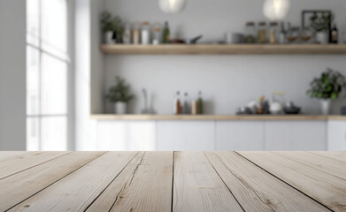 Wooden Light Table Top in a Sleek White Kitchen – Showcase for Product Advertising