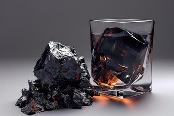  glass of whiskey with a backdrop of glowing fire and burning coals