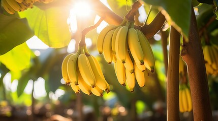 Vibrant banana trees filled with ripe fruit on an open plantation during a sunny summer day. - obrazy, fototapety, plakaty