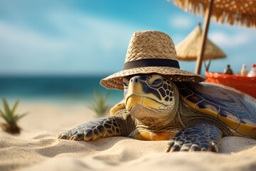 turtle in a straw hat sunbathing on the beach
