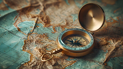 An old compass lies on a vintage map, representing decision making and choosing a direction. Suitable for travel and exploration themes. - obrazy, fototapety, plakaty