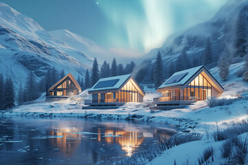 A group of three eco-houses, illuminated by soft light, surrounded by snowy mountains and a frozen lake. Starry sky and northern lights in the background.