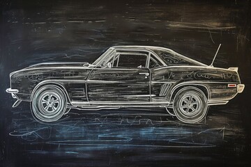 Chalk drawing of a muscle car on a blackboard.