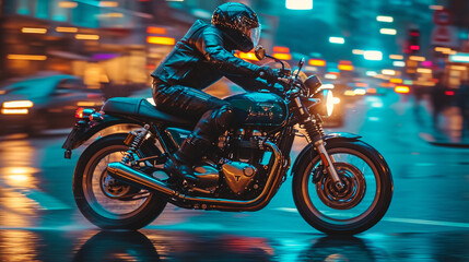 A visually powerful image of a motorcycle policeman on duty, navigating through city traffic with precision and authority, showcasing the balance of mobility and control in law enf