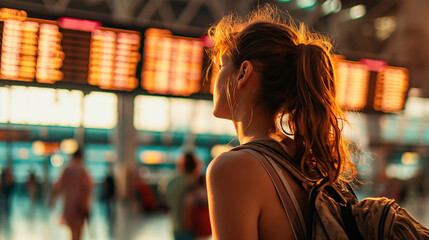 Woman traveler looking at airport flight information. Shallow field of view.
