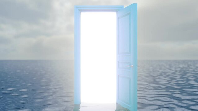 Blue door in the middle of the sea. The door opens filling with bright warm light. Symbol of new career, opportunities, business ventures and initiative. Forward movement. 3D Animation, 4K