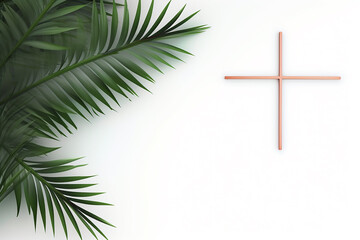 Palm Sunday background with cross and green palm leaves on white background with copy space - obrazy, fototapety, plakaty