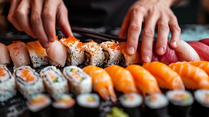 Close up of a hands preparing Sushi, Generate by AI