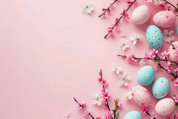 Frame of small and big Easter eggs, bunnies and sakura flowers on pink background. Easter card with copy space