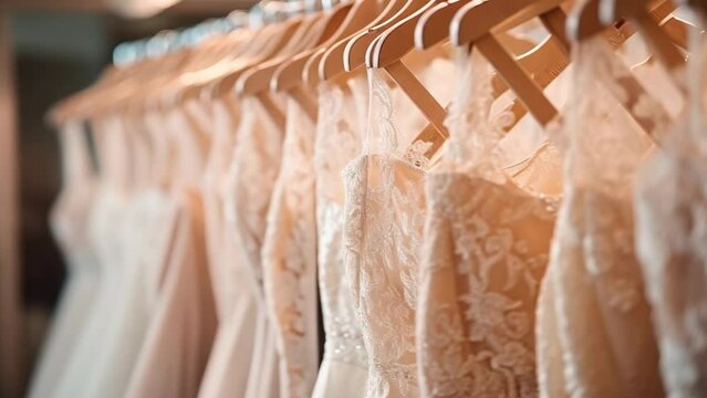 Beautiful elegant luxury bridal dress on hangers. Different wedding dresses hanging on hanger in bridal shop boutique salon. Closeup
