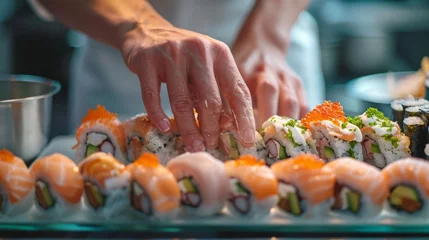 Fotobehang Close up of a hands preparing Sushi, Generate by AI © Nakarin