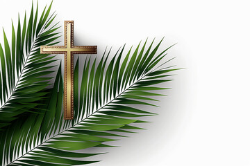 Palm Sunday background with cross and green palm leaves on white background with copy space