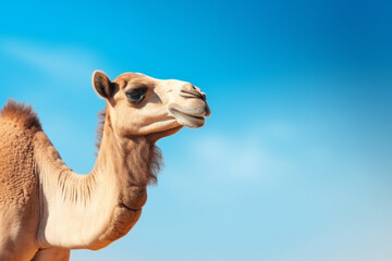 camel on blue background, copy space for text