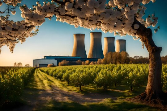 Step into a scene of ecological balance and technological marvel as you picture a nuclear power station standing alongside an apple tree, brilliantly illuminated. 

