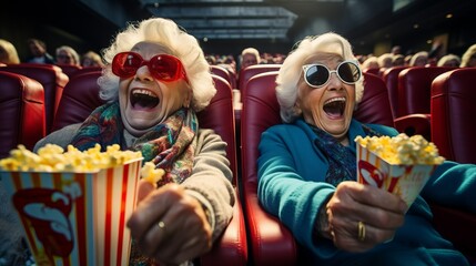 Two old friends are watching a movie together at the cinema and fooling around, having fun with popcorn in their hands. An evening of cinema, entertainment and a fun pastime concept.