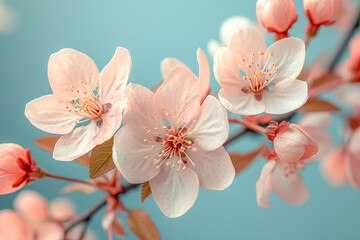 Pale pink cherry blossoms with a teal backdrop