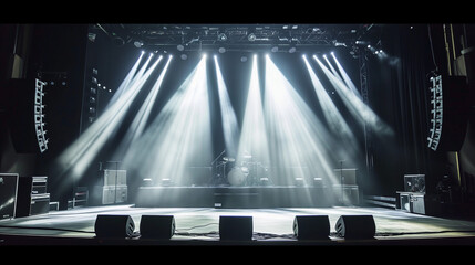 Rock concert stage with white spotlight and black backdrop