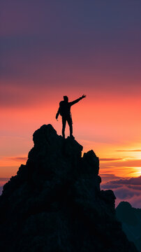 Silhouette of a person reaching the summit at sunset