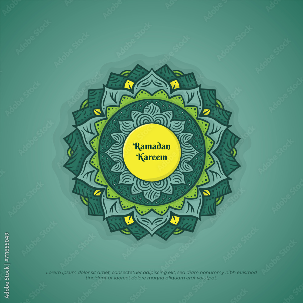 Wall mural Mandala in hand drawn design with green background design for ramadan kareem campaign