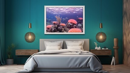 Underwater Atlantean bedroom with a coral bed, mythical sea art, and a blank mockup frame on an ocean blue wall