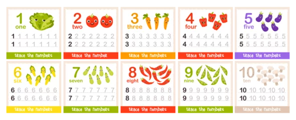 Deurstickers Number learning flashcards with cute vegetables. Count and trace of numbers. Kids educational game. Vector illustration © vik.stock