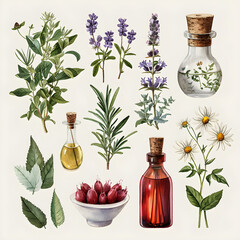 Botanical illustration featuring plants used in traditional Chinese medicine and cosmetics. It showcases the natural remedies and healing properties of herbs for wellness and beauty. - obrazy, fototapety, plakaty