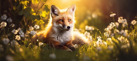 Gorgeous red fox with a captivating gaze standing gracefully in the picturesque summer meadow. - obrazy, fototapety, plakaty